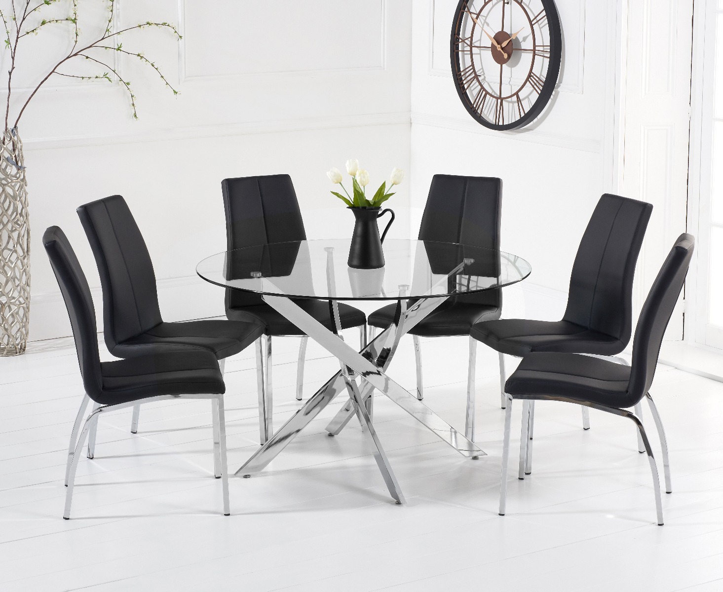 Denver 120cm Glass Dining Table With 4 Black Marco Chairs
