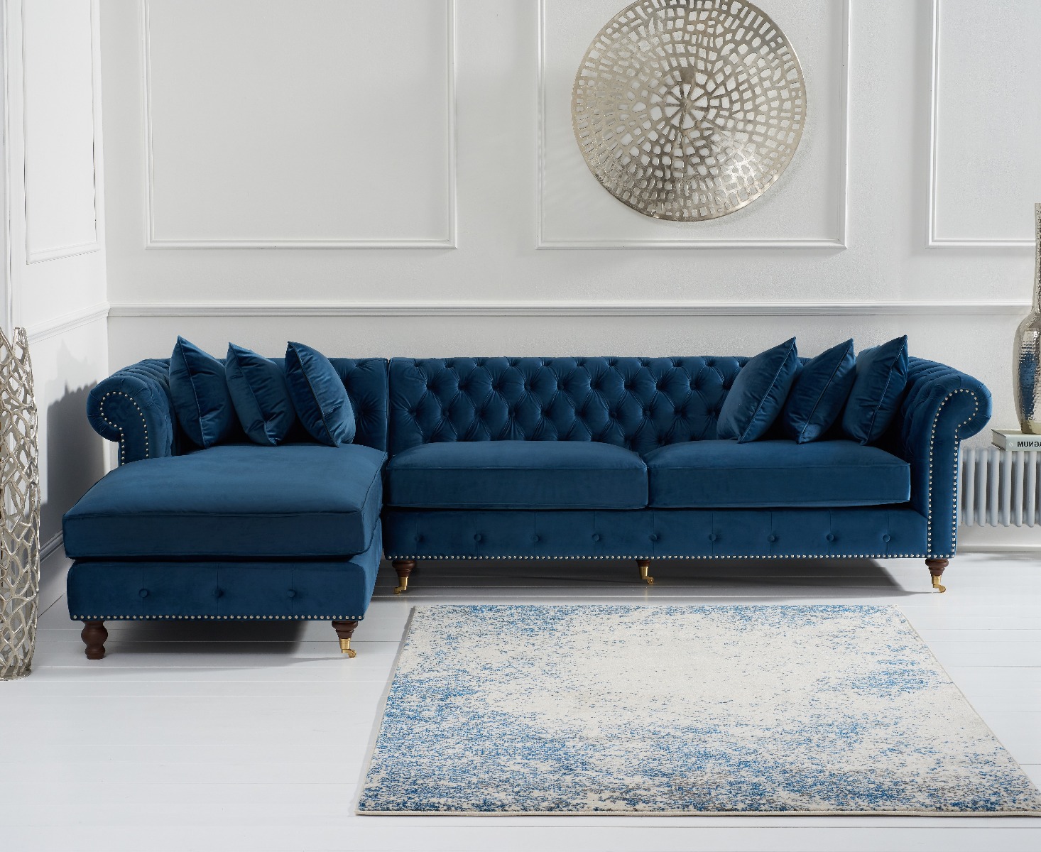 Chiswick Extra Large Blue Velvet Left Facing Chesterfield Corner Chaise Sofa