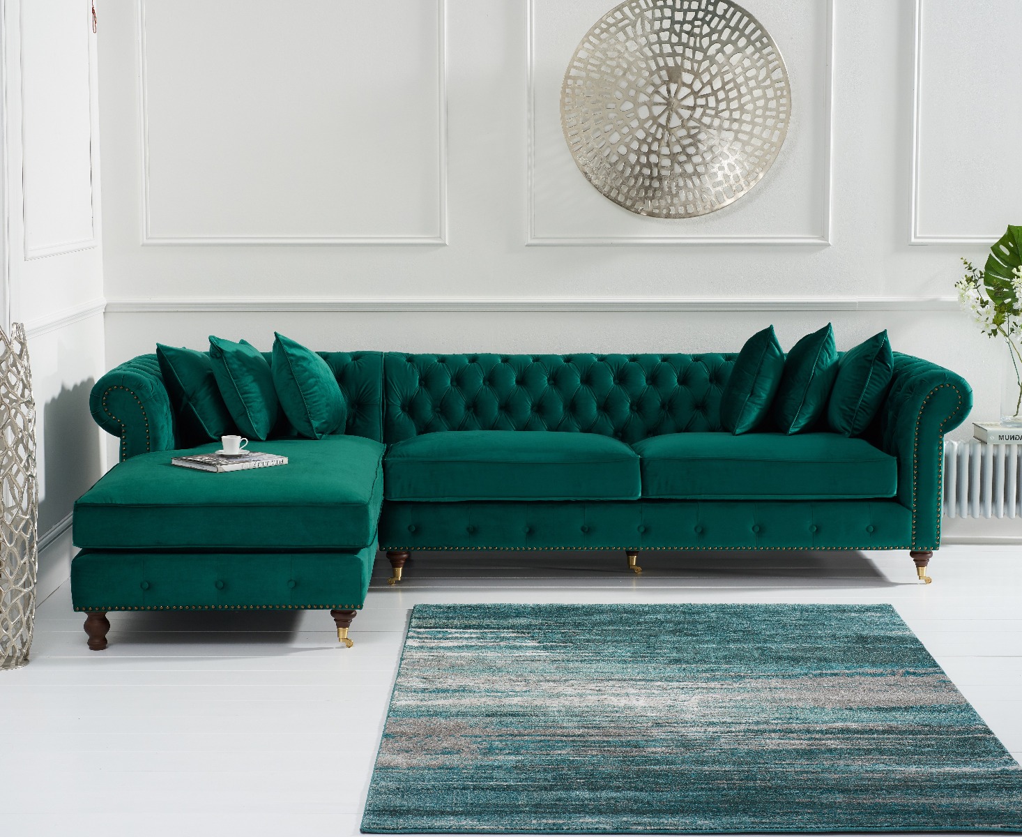 Chiswick Extra Large Green Velvet Left Facing Chesterfield Corner Chaise Sofa