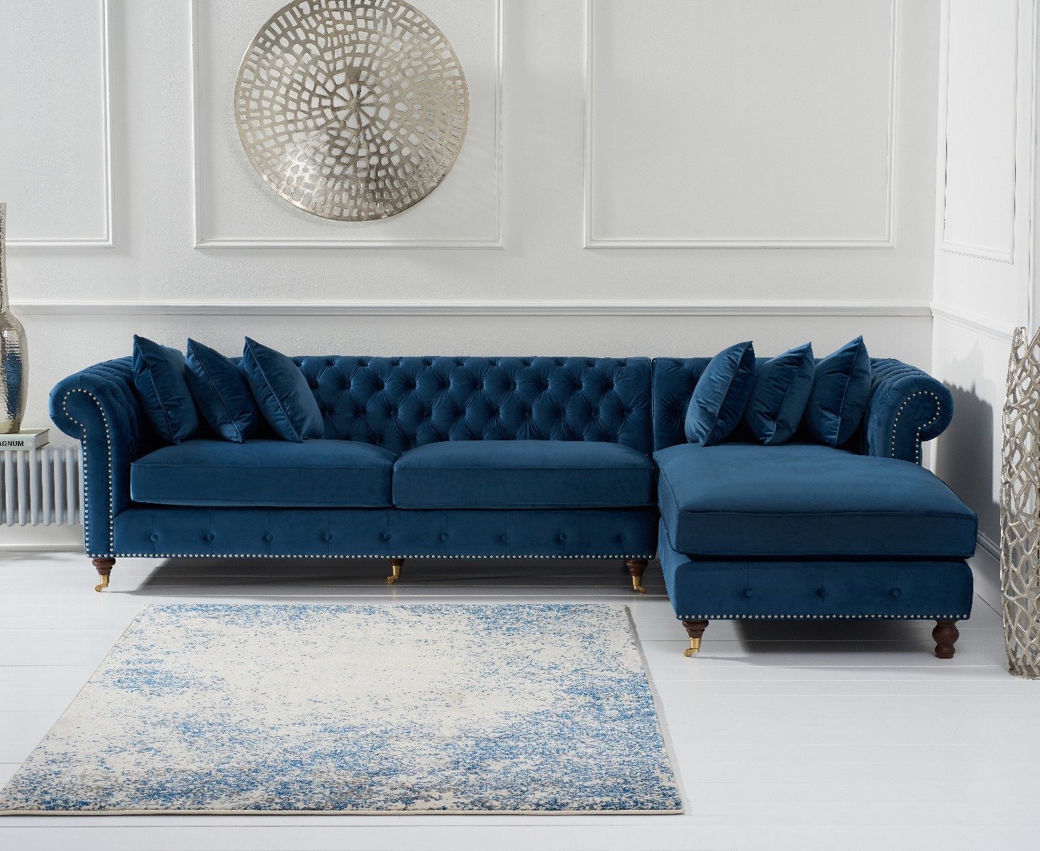 Chiswick Extra Large Blue Velvet Right Facing Chesterfield Corner Chaise Sofa