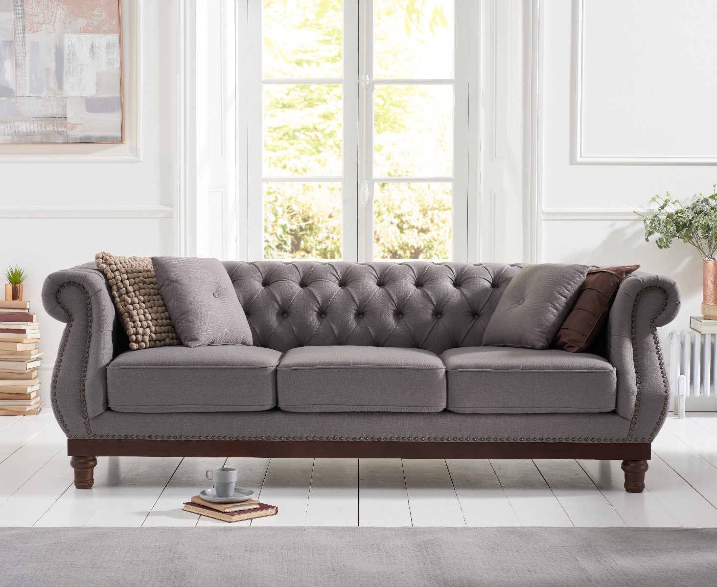 Product photograph of Henbury Chesterfield Grey Linen Fabric 3 Seater Sofa from Oak Furniture Superstore