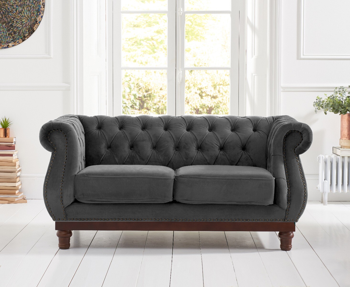 Product photograph of Harrow Chesterfield Dark Grey Velvet 2 Seater Sofa from Oak Furniture Superstore.