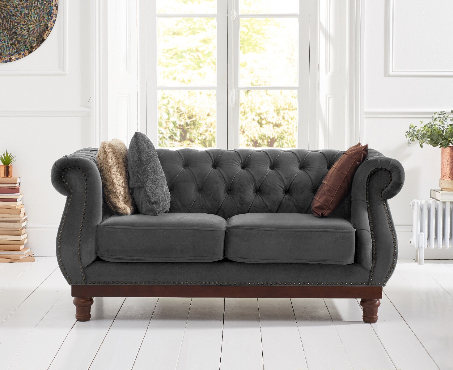 Product photograph of Harrow Chesterfield Dark Grey Velvet 2 Seater Sofa from Oak Furniture Superstore