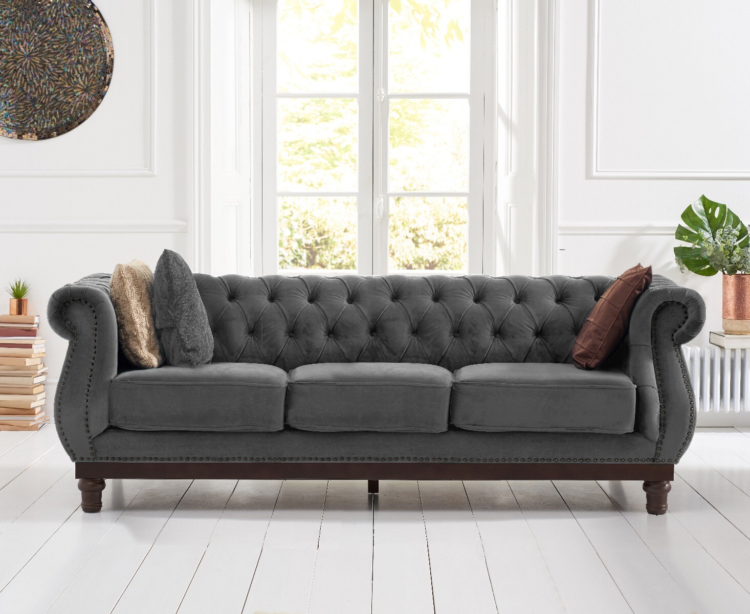 Product photograph of Harrow Chesterfield Dark Grey Velvet 3 Seater Sofa from Oak Furniture Superstore