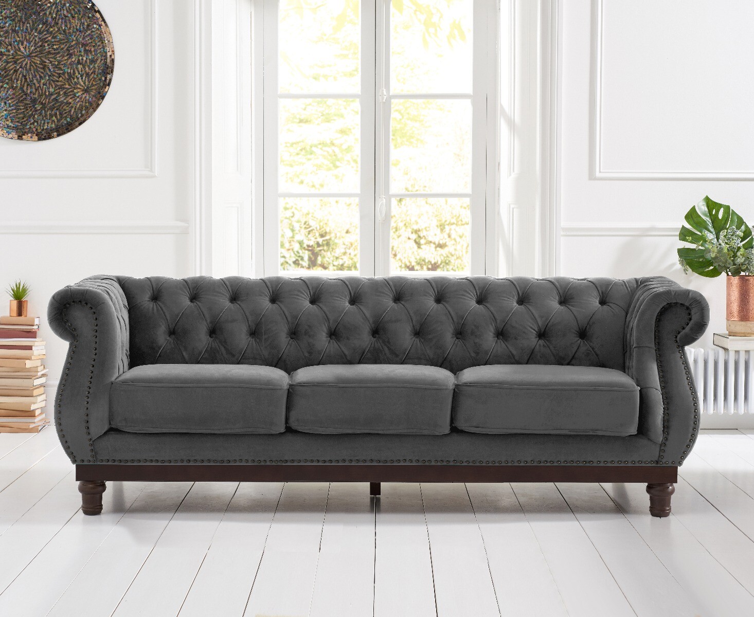 Product photograph of Harrow Chesterfield Dark Grey Velvet 3 Seater Sofa from Oak Furniture Superstore.