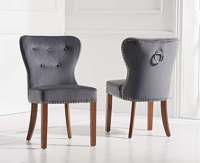 Product photograph of Keswick Studded Grey Velvet Dark Oak Leg Dining Chairs from Oak Furniture Superstore