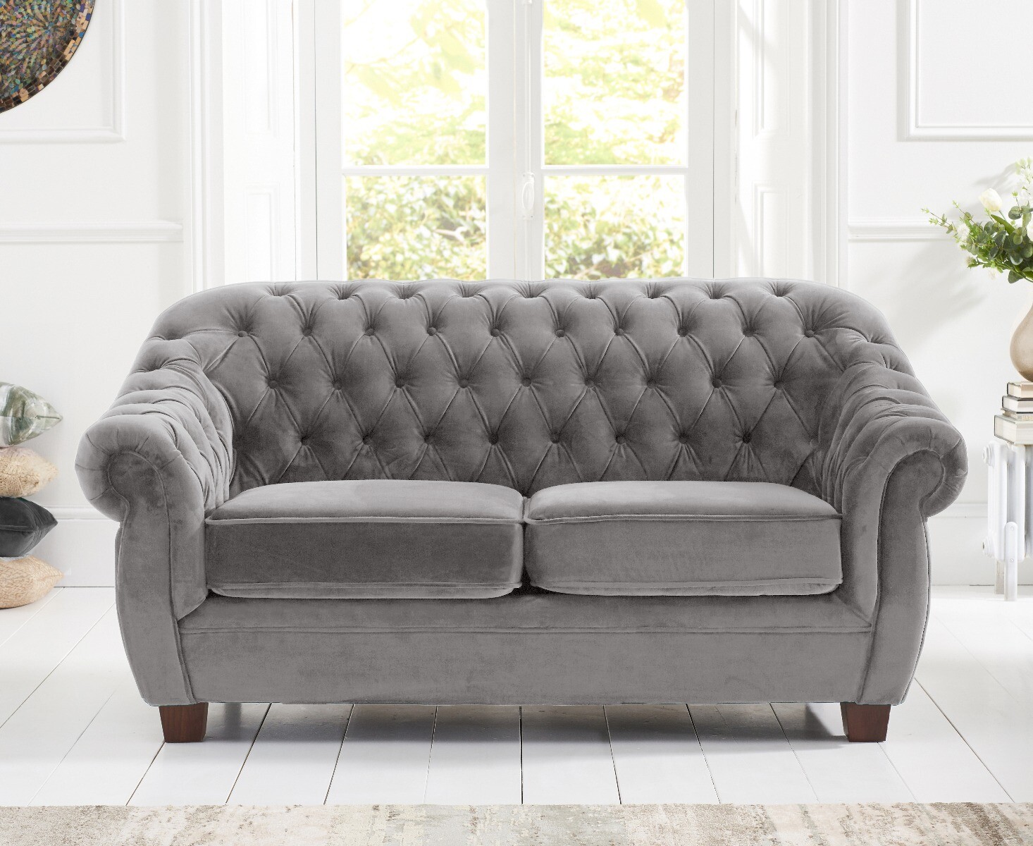 Product photograph of Eva Chesterfield Light Grey Velvet 2 Seater Sofa from Oak Furniture Superstore.