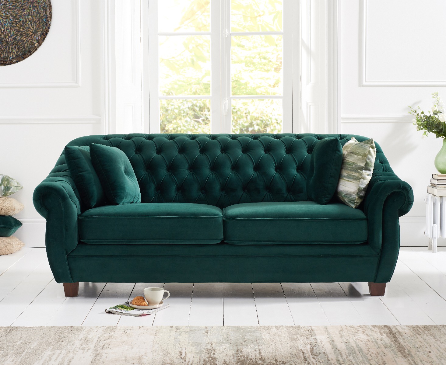 Product photograph of Eva Chesterfield Green Velvet Three-seater Sofa from Oak Furniture Superstore