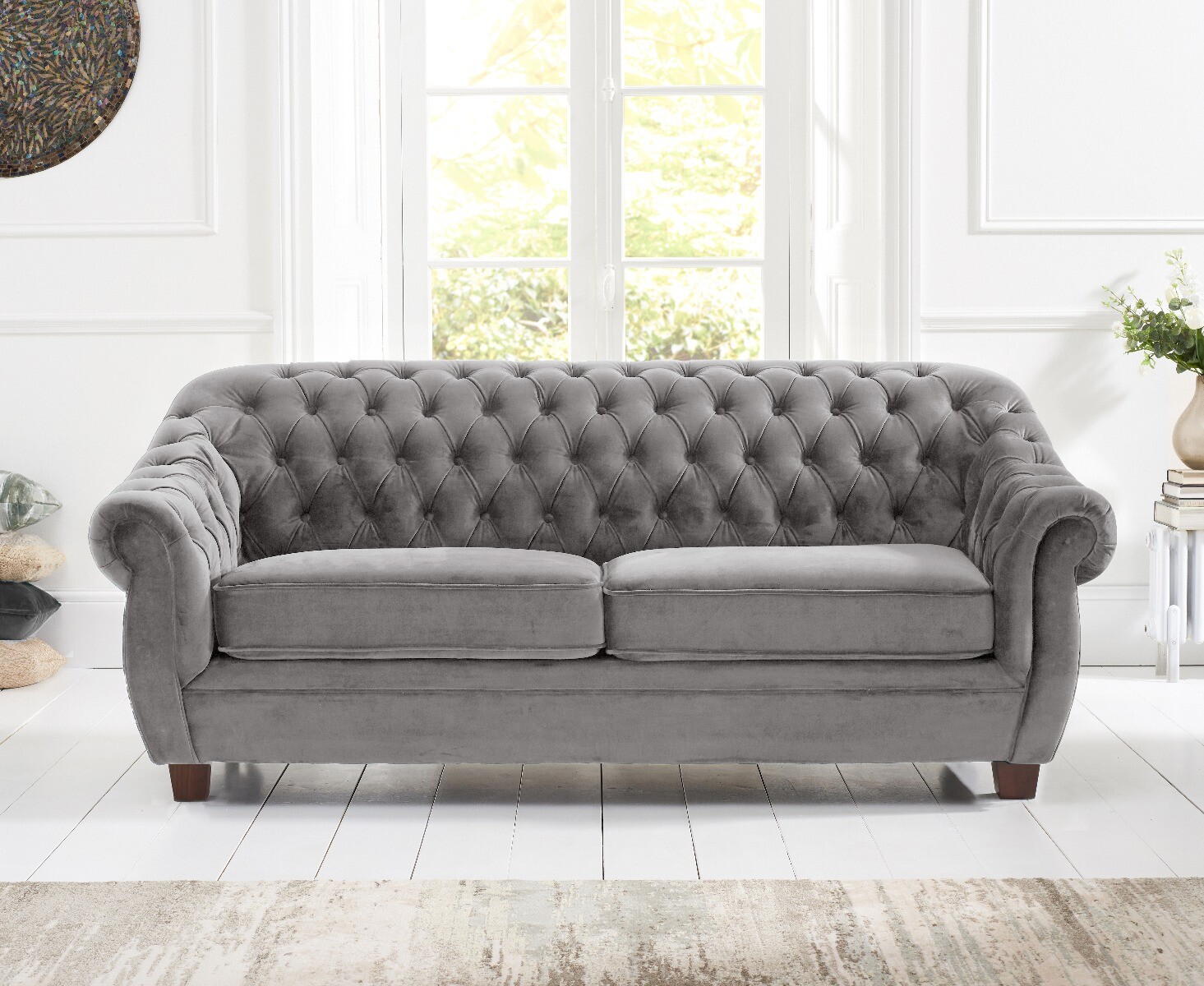 Product photograph of Eva Chesterfield Light Grey Velvet 3 Seater Sofa from Oak Furniture Superstore.