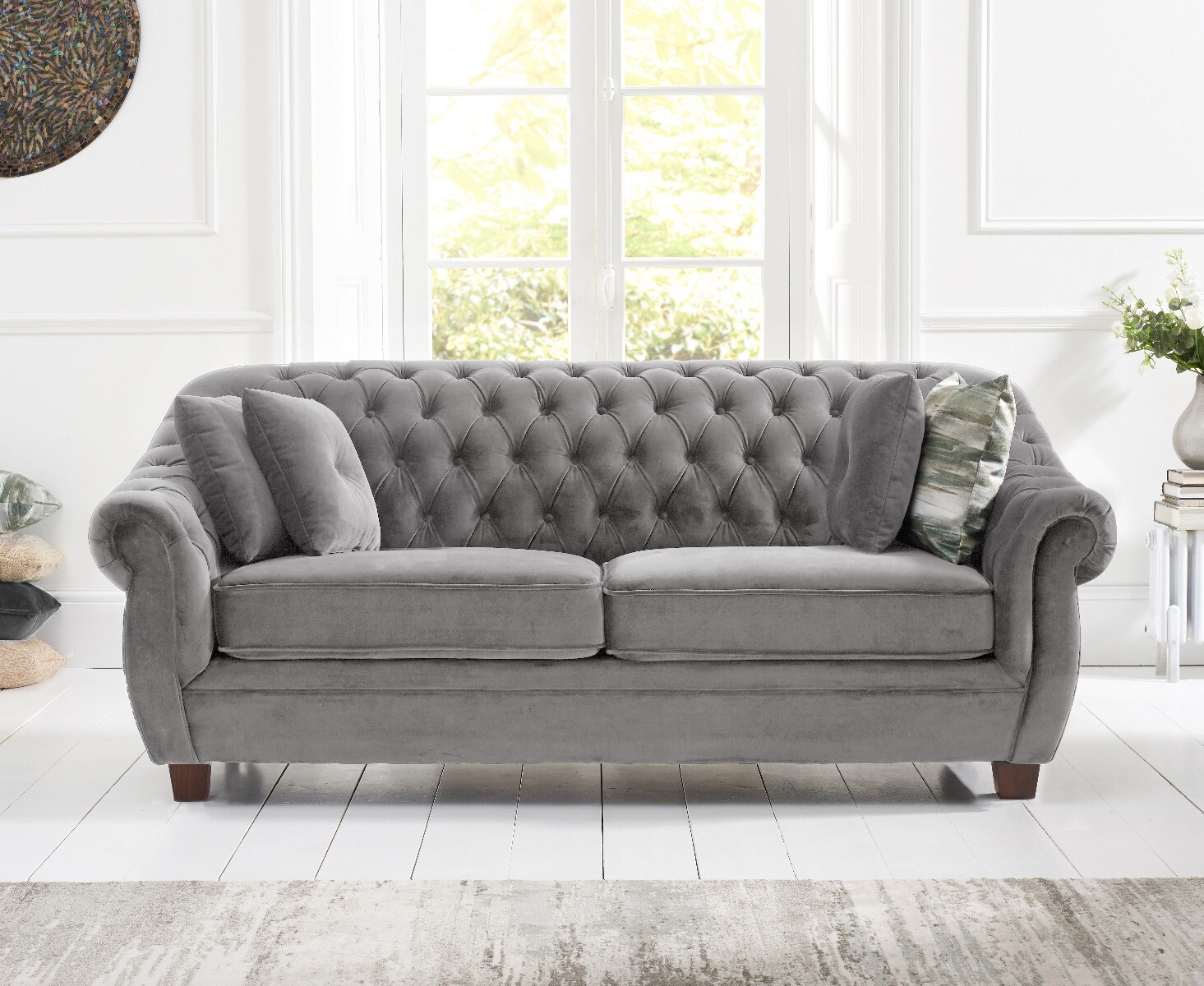 Product photograph of Eva Chesterfield Light Grey Velvet 3 Seater Sofa from Oak Furniture Superstore