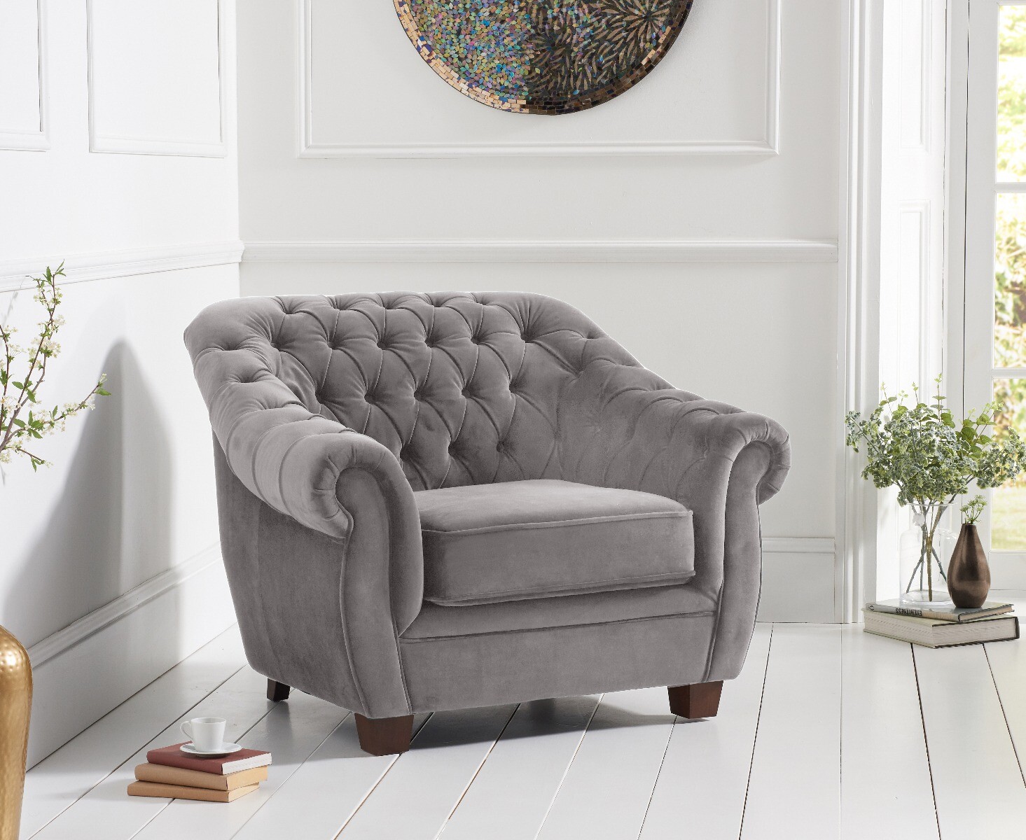Product photograph of Eva Chesterfield Light Grey Velvet Armchair from Oak Furniture Superstore