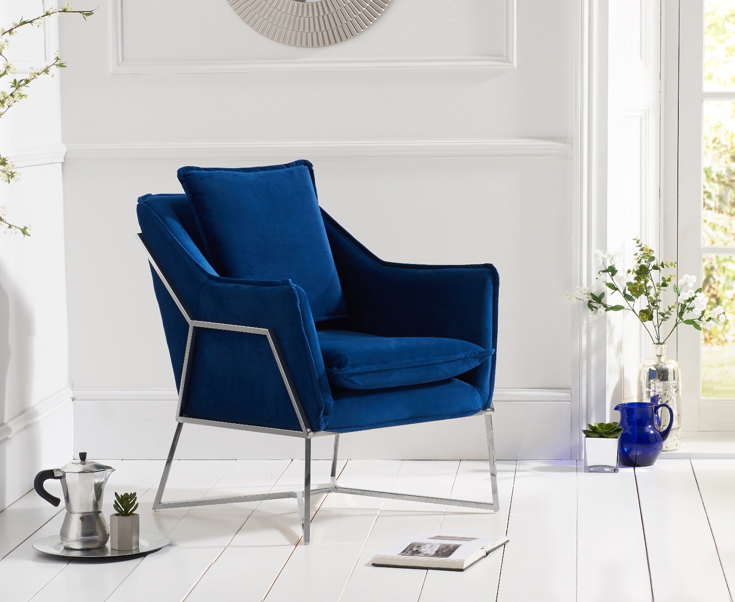 lara blue velvet accent chair with chrome legs