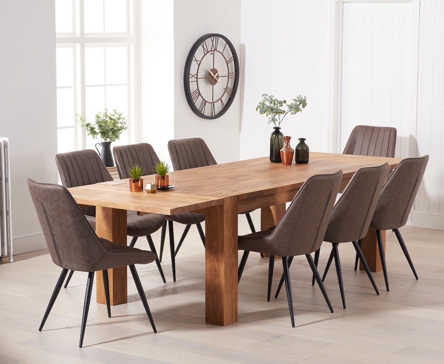 Product photograph of Sheringham 200cm Solid Oak Dining Table With 12 Mink Brody Chairs With Sheringham Oak Extensions from Oak Furniture Superstore