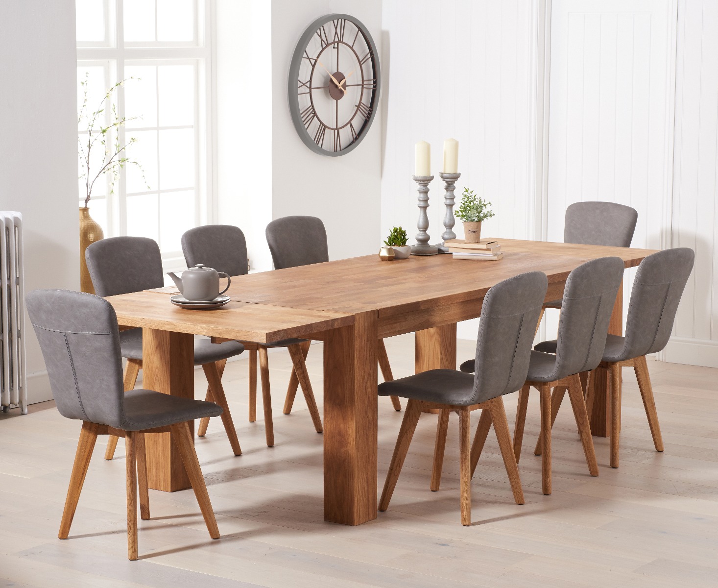 Extending Sheringham 200cm Solid Oak Table With 8 Grey Ruben Faux Leather Chairs
