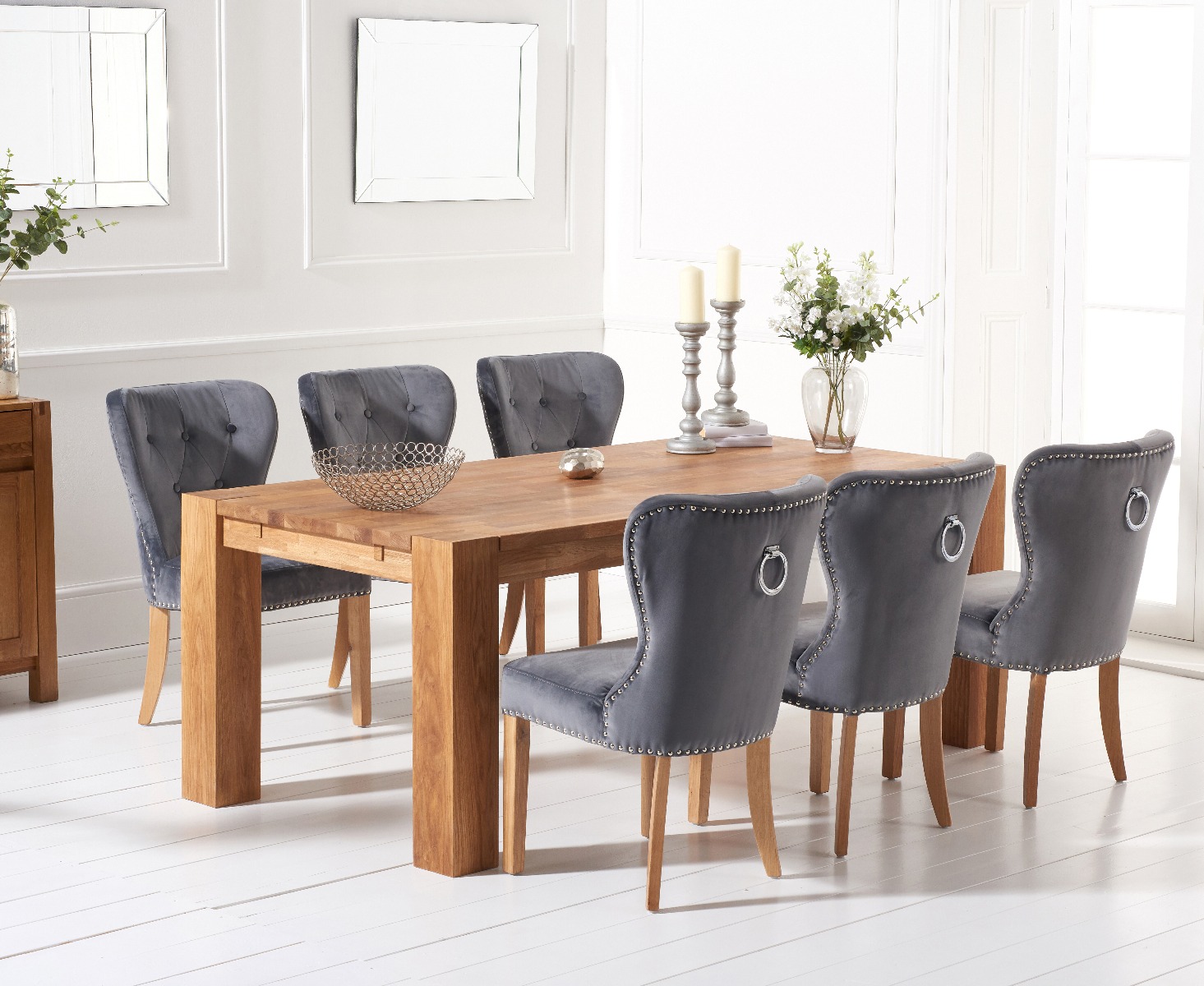 Product photograph of Sheringham 240cm Solid Oak Dining Table With 8 Grey Keswick Velvet Chairs from Oak Furniture Superstore