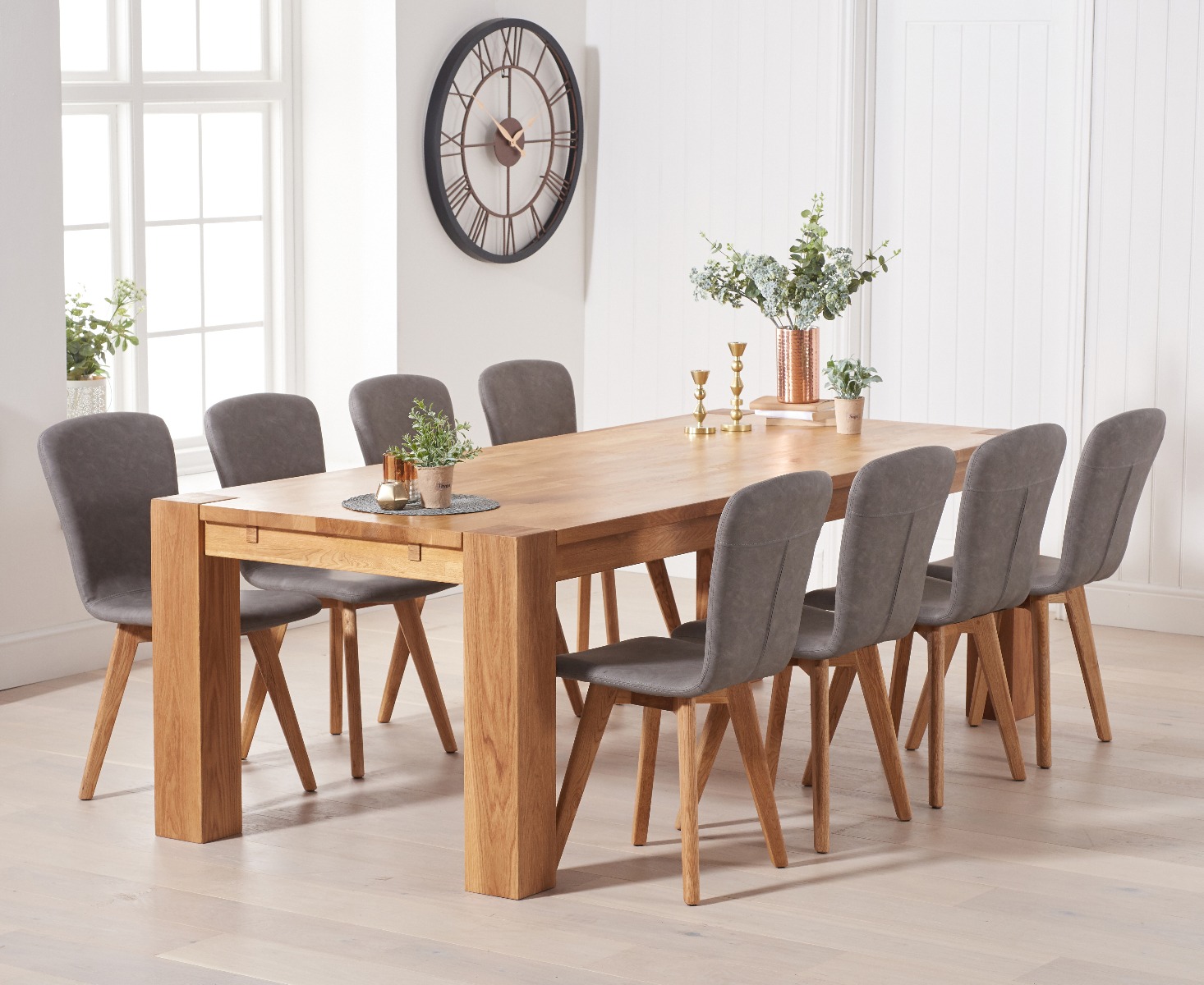 Product photograph of Sheringham 240cm Solid Oak Table With 6 Grey Ruben Faux Leather Chairs from Oak Furniture Superstore