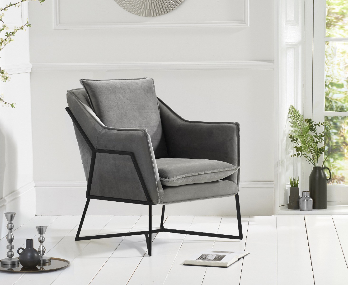 lara grey velvet accent chair with black legs