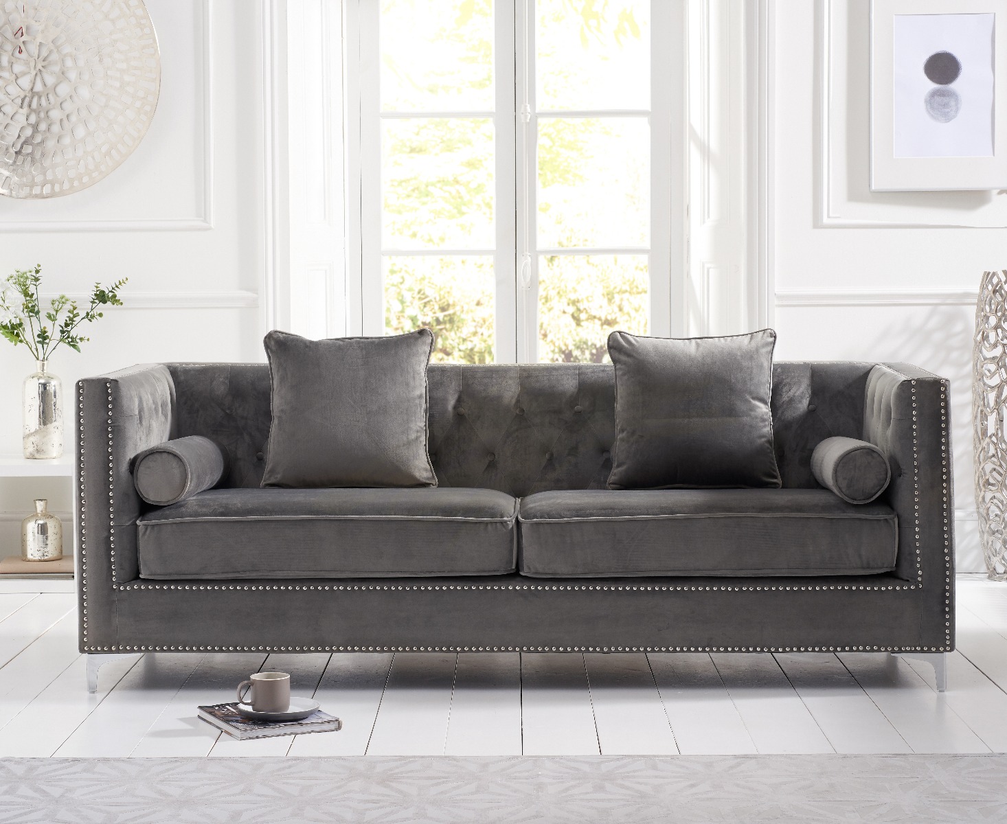 Product photograph of Amelie Grey Velvet 4 Seater Sofa from Oak Furniture Superstore