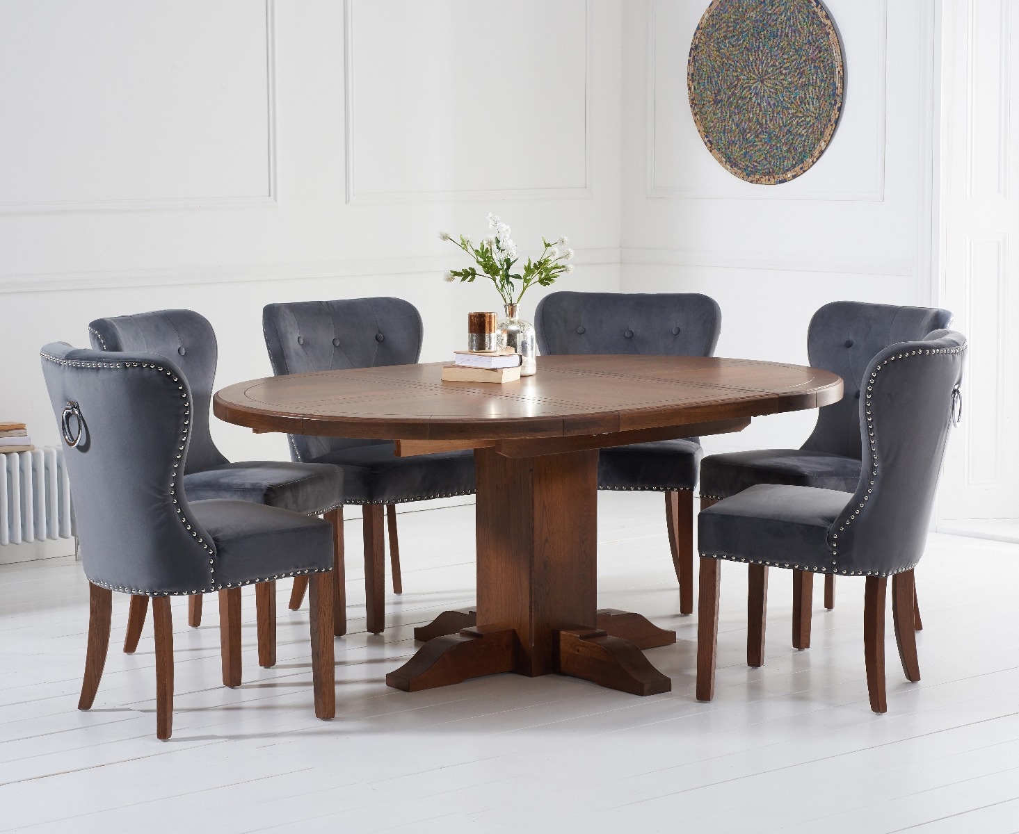 Extending Helmsley Dark Oak Pedestal Dining Table With 6 Grey Keswick Chairs