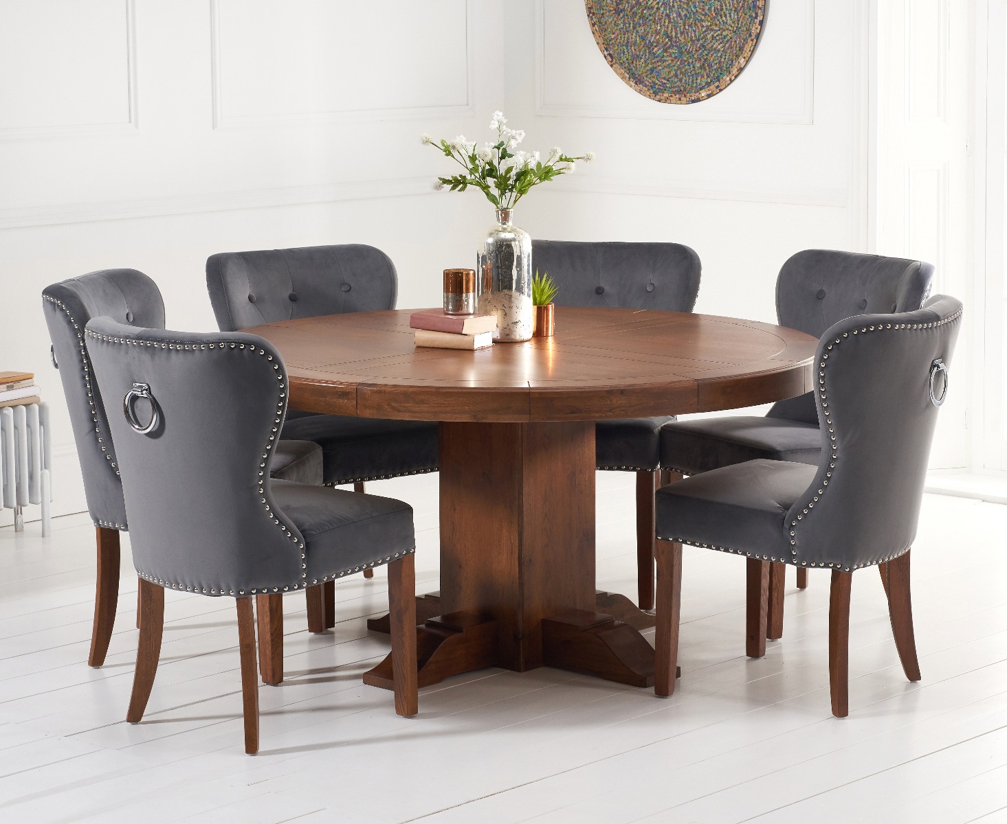 Product photograph of Helmsley 150cm Dark Solid Oak Round Pedestal Dining Table With 8 Grey Keswick Velvet Chairs from Oak Furniture Superstore