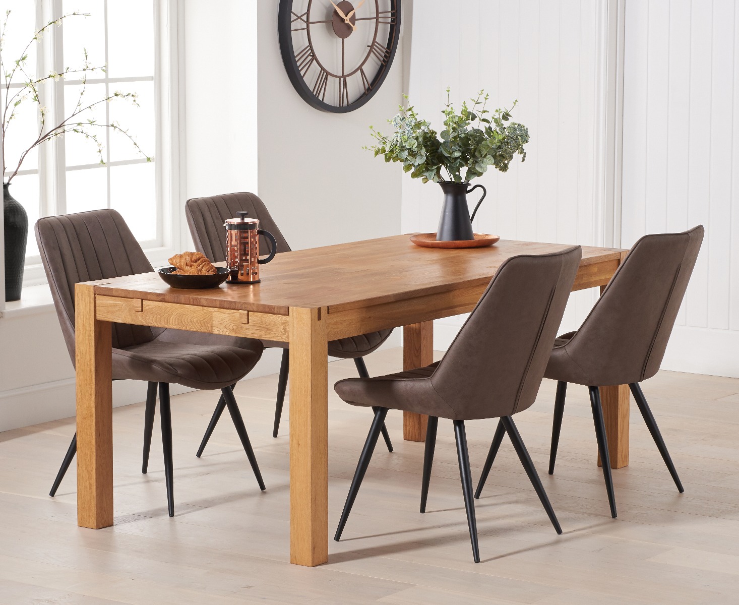 Product photograph of Verona 150cm Oak Table With 4 Mink Brody Antique Chairs from Oak Furniture Superstore