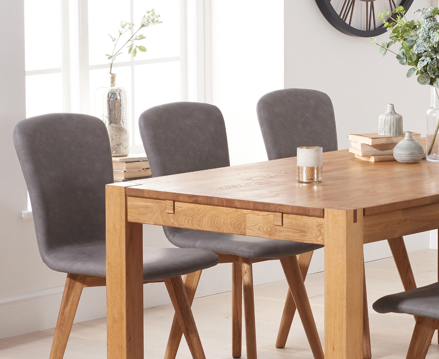 Photo 1 of Verona 150cm oak table with 6 grey ruben faux leather chairs