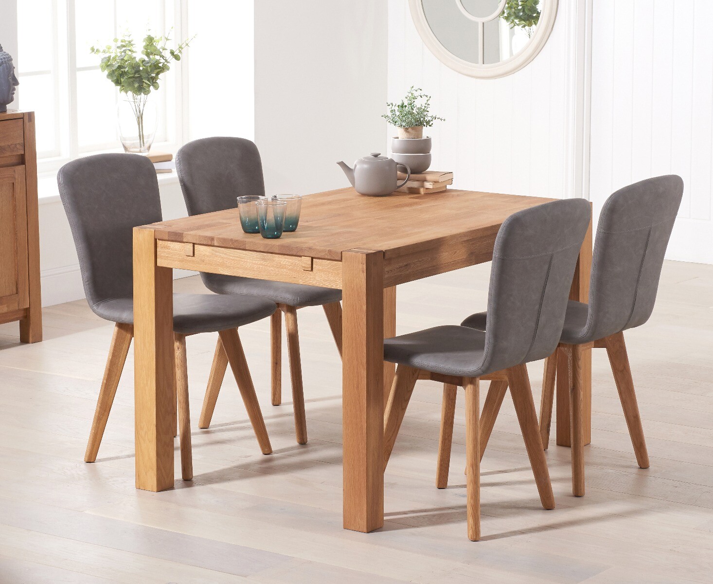 Product photograph of Thetford 120cm Oak Dining Table With 4 Grey Ruben Chairs from Oak Furniture Superstore