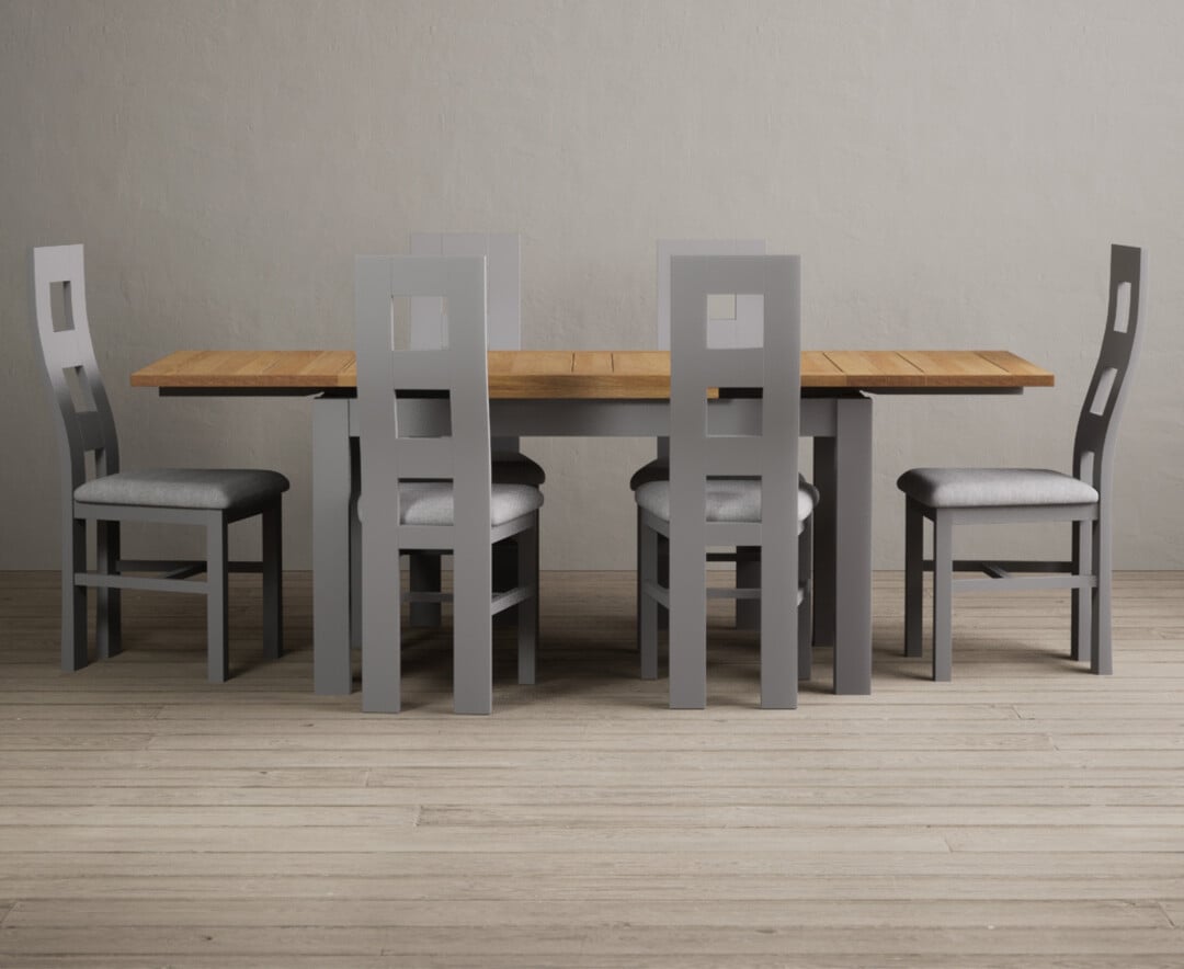 Buxton 140cm Oak and Light Grey Extending Dining Table With 6 Charcoal Grey Flow Back Chairs at Oak Furniture Superstore