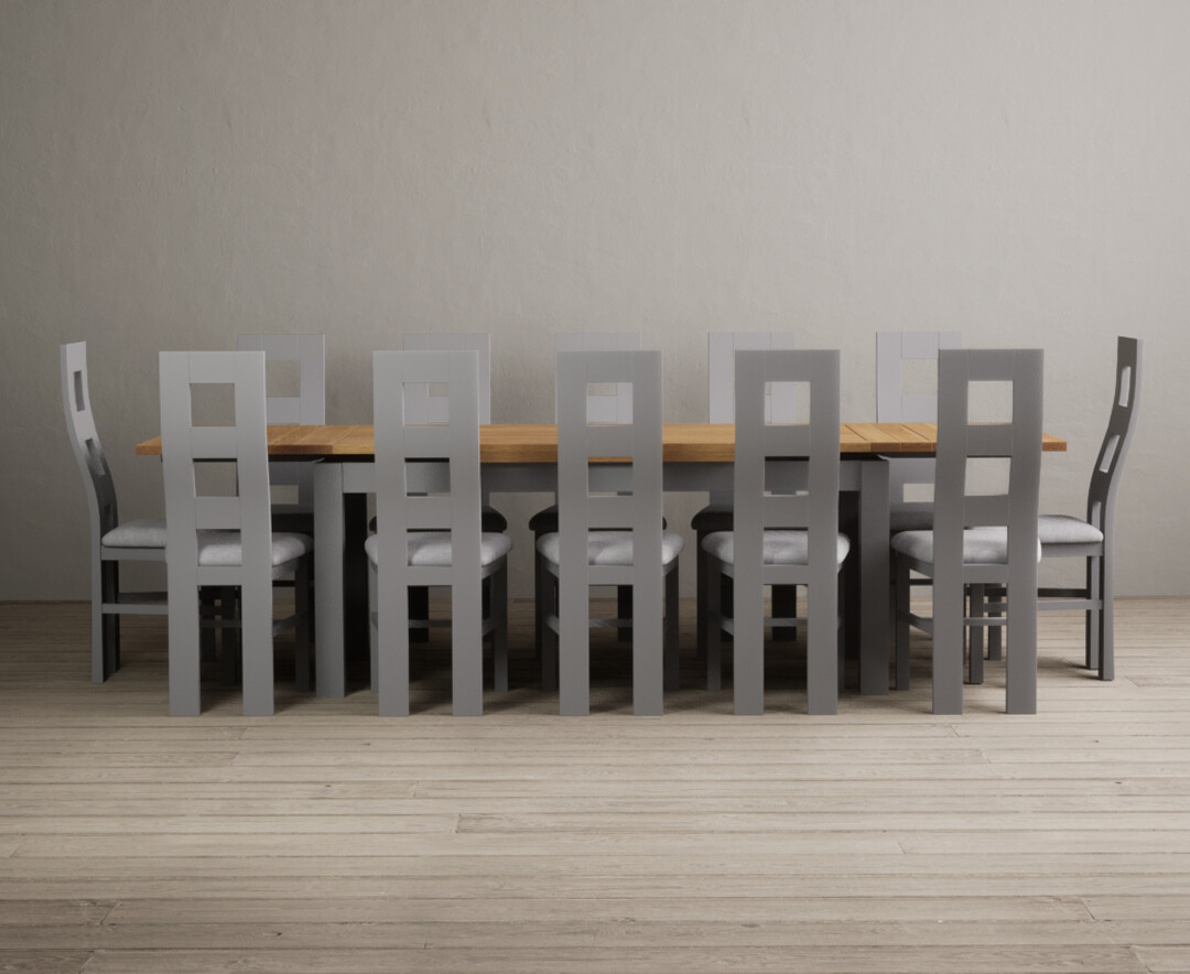 Extending Buxton 180cm Oak and Light Grey Painted Dining Table with 12 Brown Painted Chairs