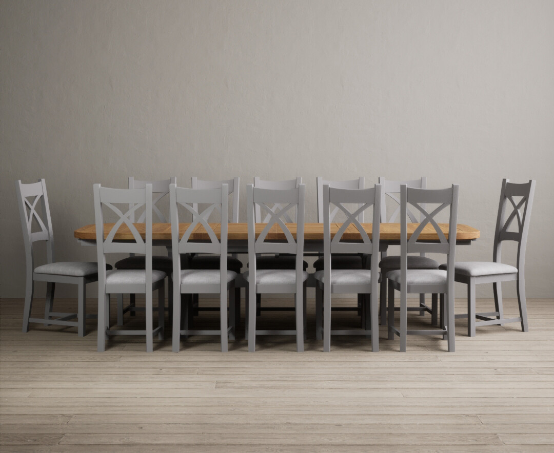 Product photograph of Atlas 180cm Oak And Light Grey Painted Extending Dining Table With 6 Linen X Back Chairs from Oak Furniture Superstore