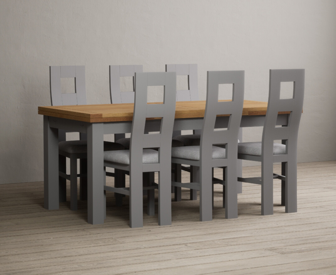 Photo 1 of Hampshire 180cm oak and light grey extending dining table with 12 blue flow back chairs