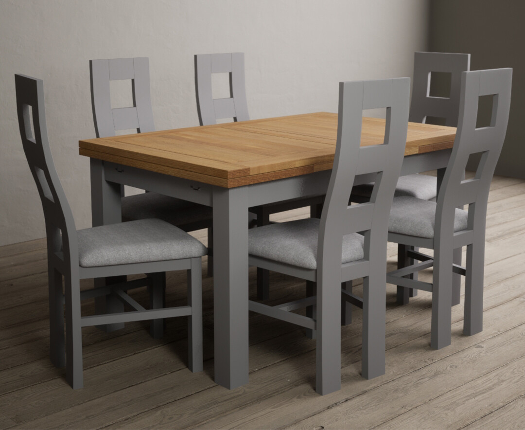 Photo 1 of Hampshire 140cm oak and light grey extending dining table with 8 brown flow back chairs