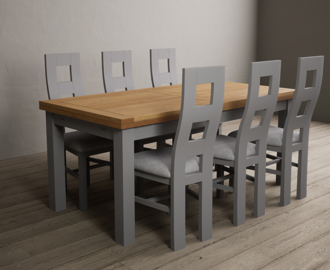 Photo 4 of Hampshire 180cm oak and light grey extending dining table with 6 linen flow back chairs
