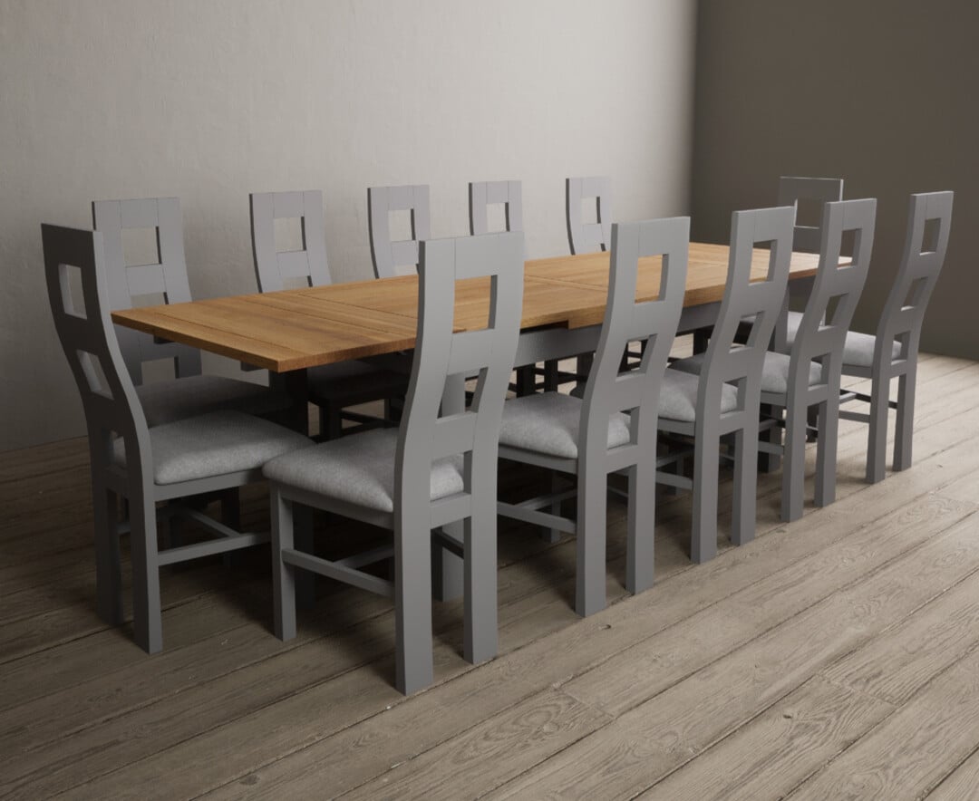 Hampshire 180cm Oak And Light Grey Extending Dining Table With 12 Light Grey Flow Back Chairs