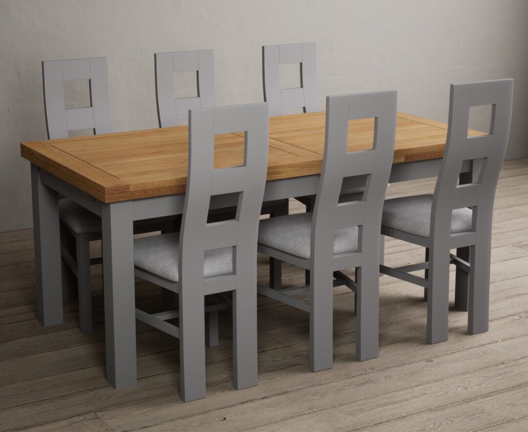 Photo 3 of Hampshire 180cm oak and light grey extending dining table with 12 light grey flow back chairs