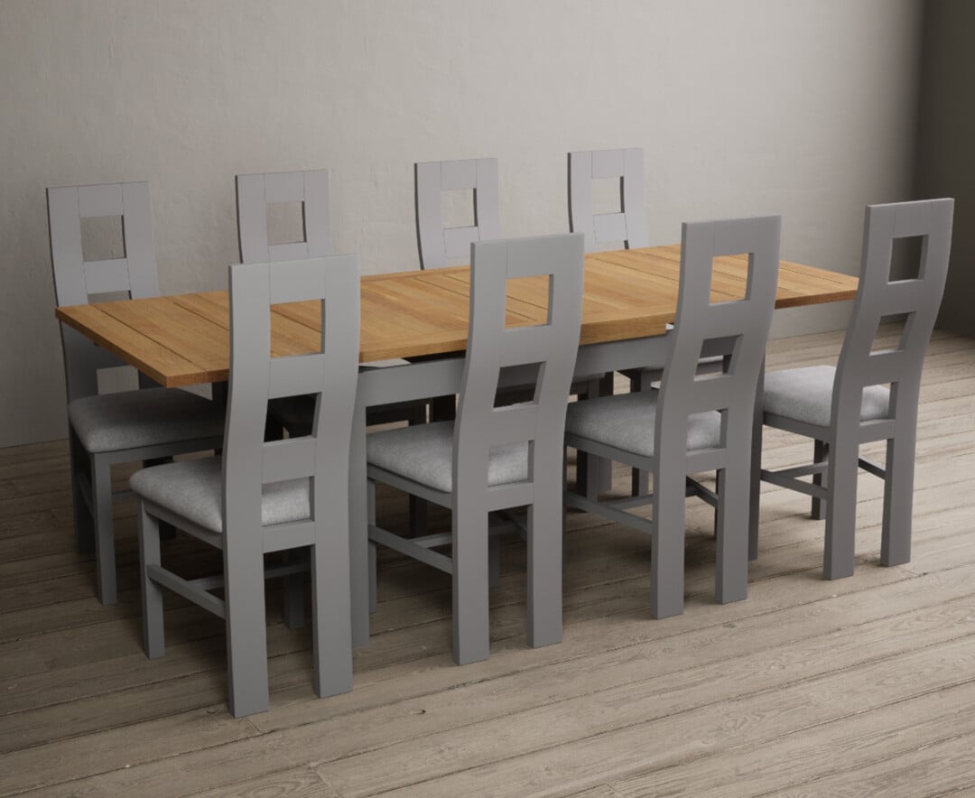 Product photograph of Hampshire 140cm Oak And Light Grey Extending Dining Table With 8 Linen Flow Back Chairs from Oak Furniture Superstore