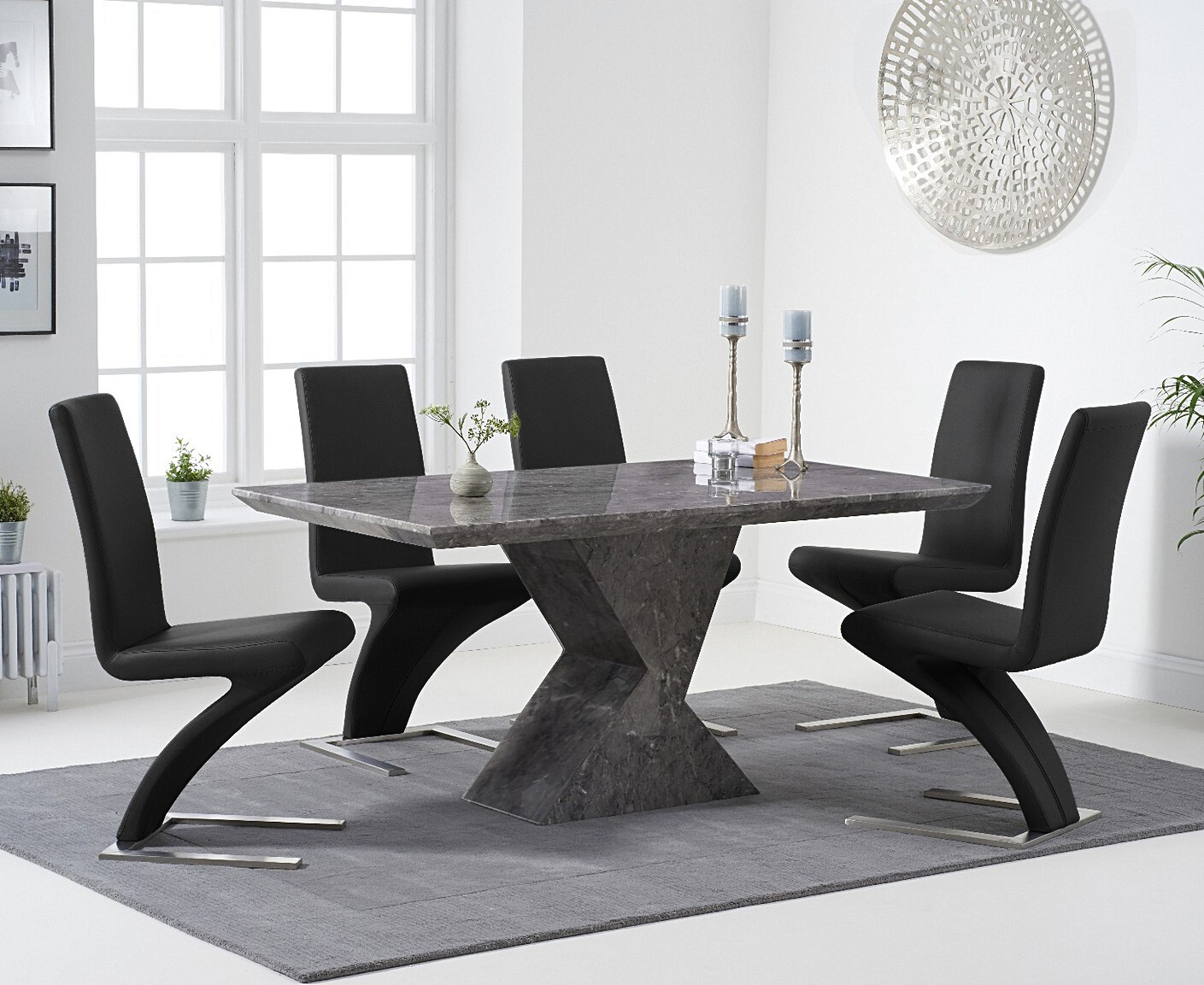 Product photograph of Aaron 160cm Grey Marble Dining Table With 4 Black Aldo Chairs from Oak Furniture Superstore