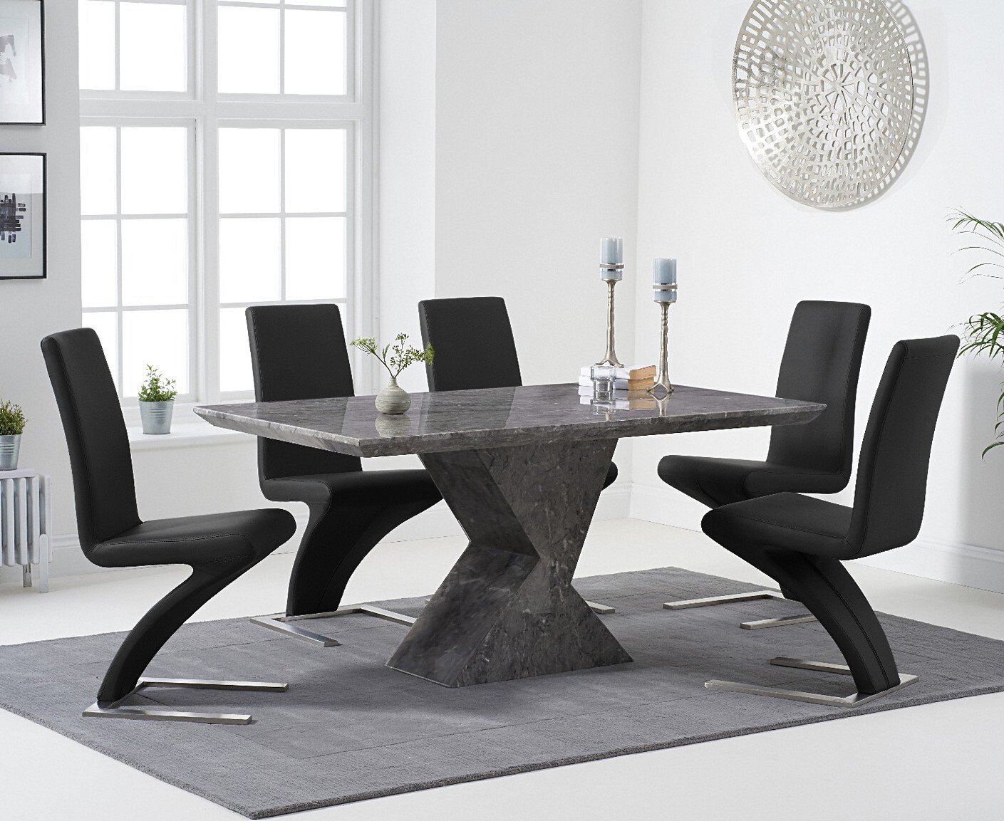Aaron 160cm Grey Marble Dining Table With 8 Black Aldo Chairs