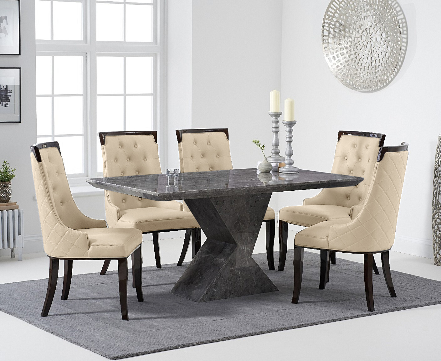 Photo 1 of Aaron 160cm grey marble dining table with 6 cream francesca dining chairs