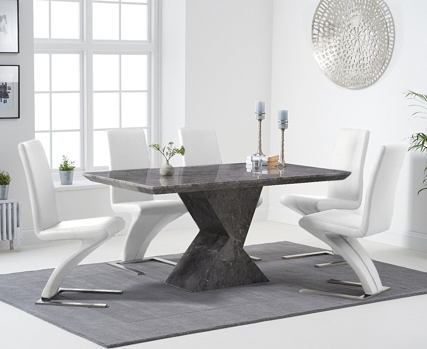 Product photograph of Aaron 160cm Grey Marble Dining Table With 6 White Aldo Chairs from Oak Furniture Superstore