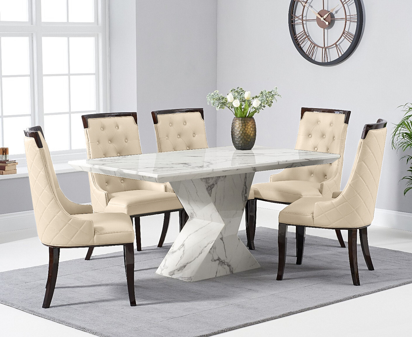 Photo 2 of Aaron 160cm marble white dining table with 4 cream francesca chairs