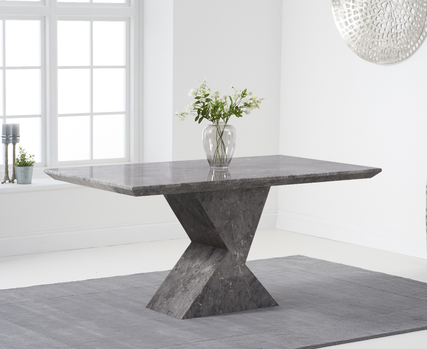 Photo 2 of Aaron 160cm grey marble dining table with 8 white aldo chairs