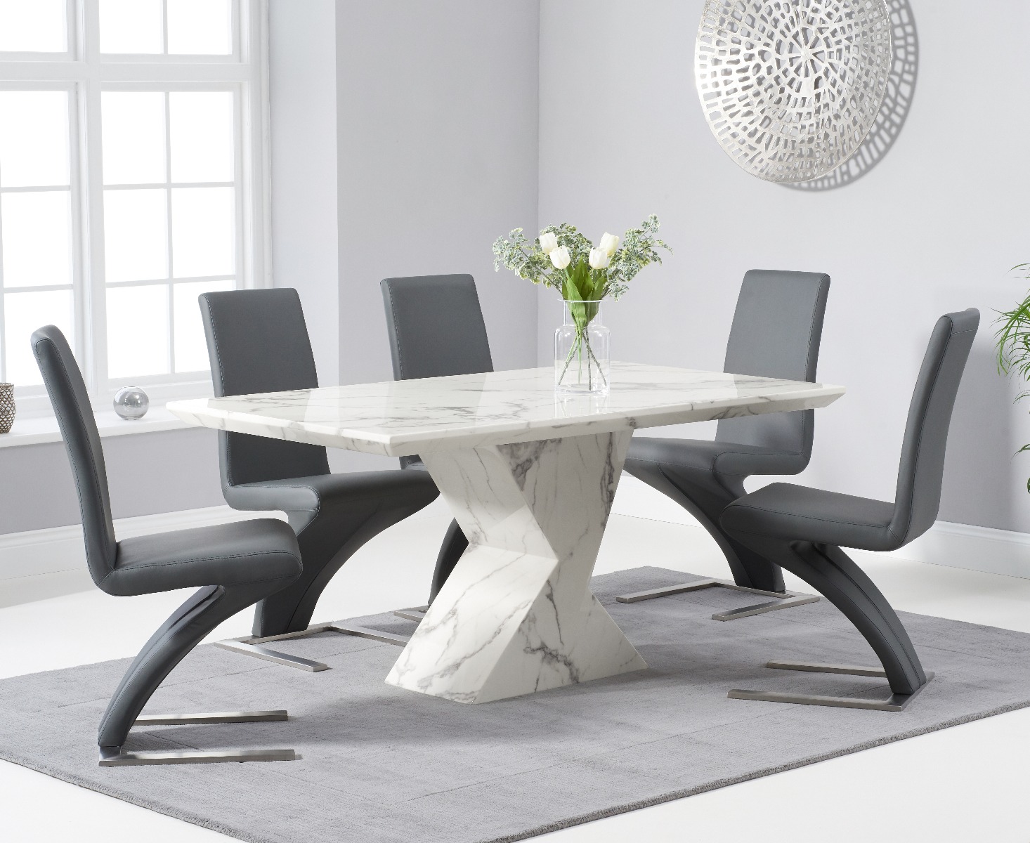 Product photograph of Aaron 160cm Marble White Dining Table With 4 White Aldo Chairs from Oak Furniture Superstore