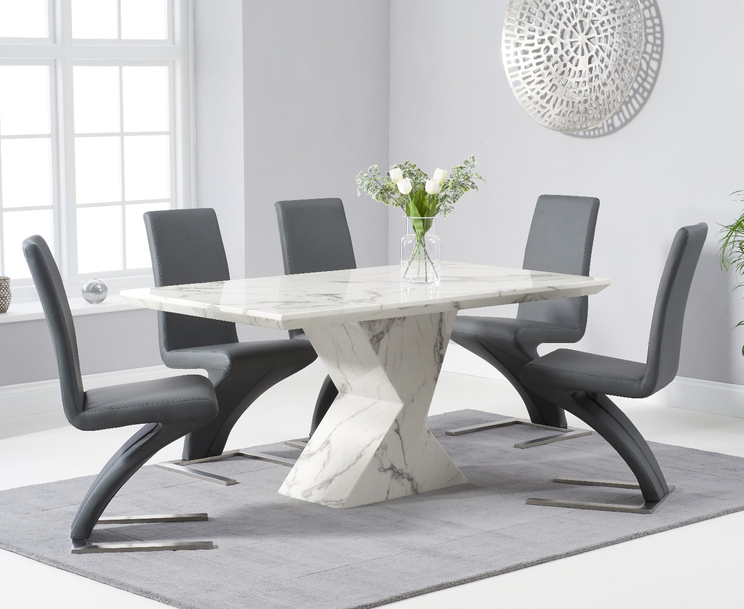 Aaron 160cm Marble White Dining Table With 8 Black Aldo Chairs