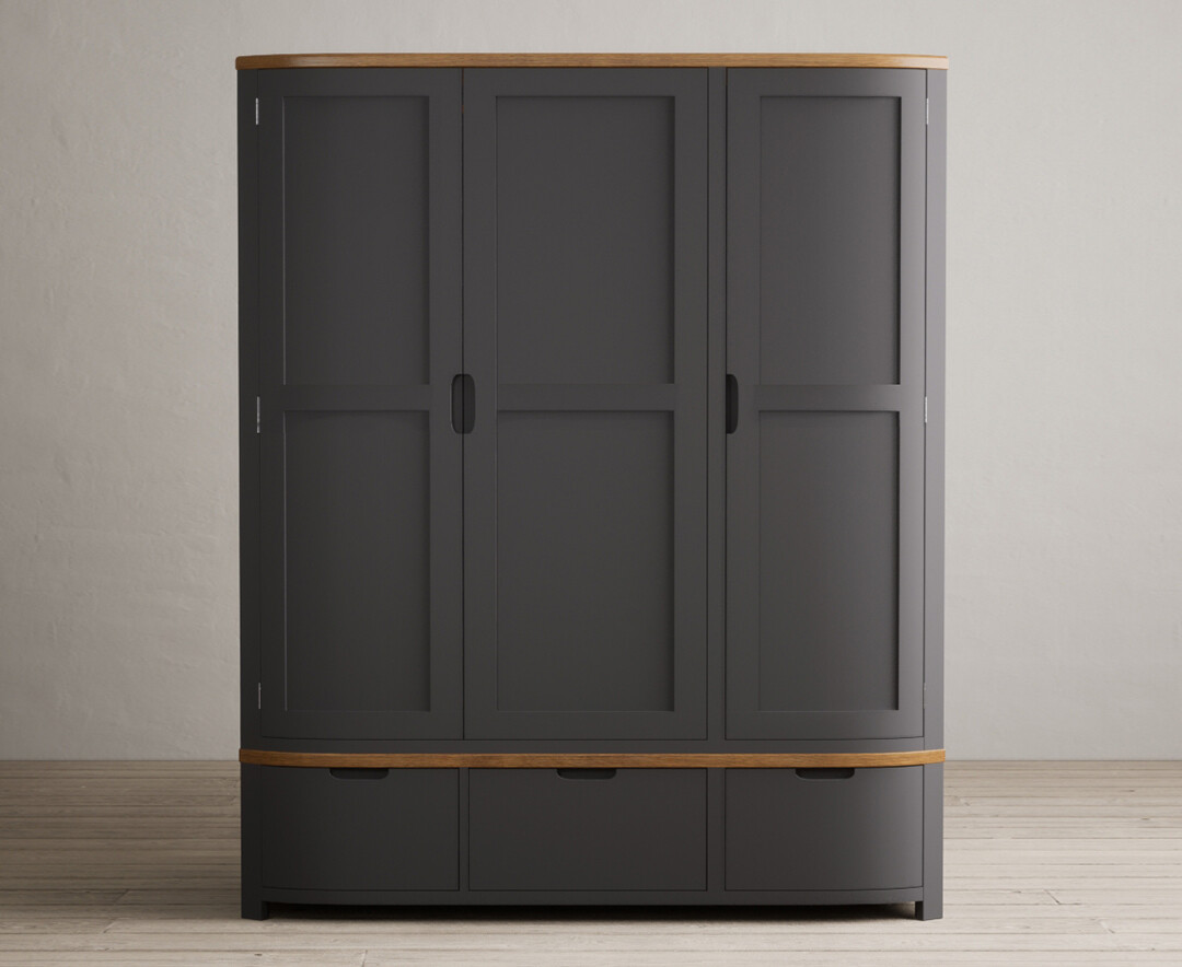 Product photograph of Bradwell Oak And Charcoal Painted Triple Wardrobe from Oak Furniture Superstore