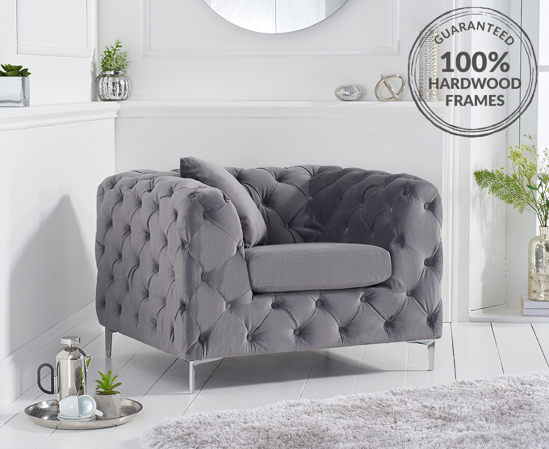 Alara Light Grey Velvet Armchair Oak Furniture Superstore