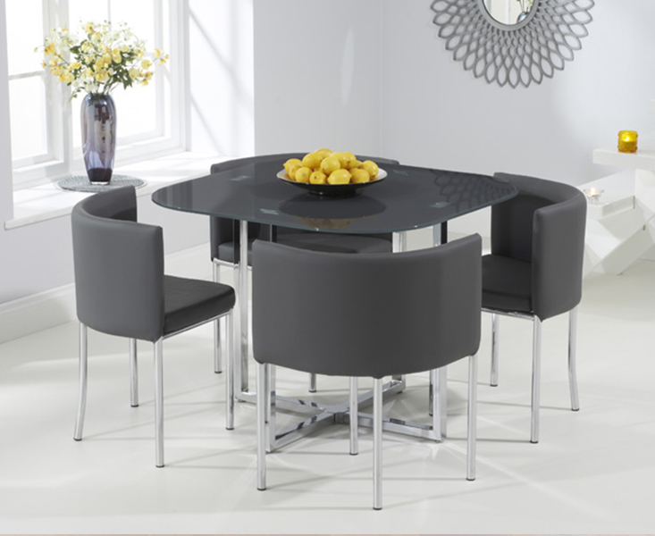 Product photograph of Algarve Grey Glass Stowaway Dining Table With Grey High Back Stools from Oak Furniture Superstore