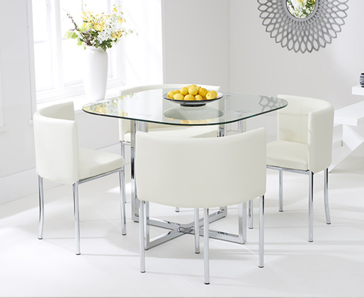 Algarve Glass Stowaway Dining Table, Cream Gloss Dining Room Table And Chairs