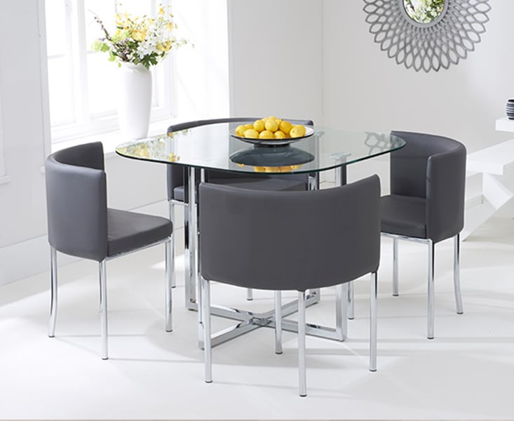 Product photograph of Algarve Glass Stowaway Dining Table With Grey High Back Stools from Oak Furniture Superstore