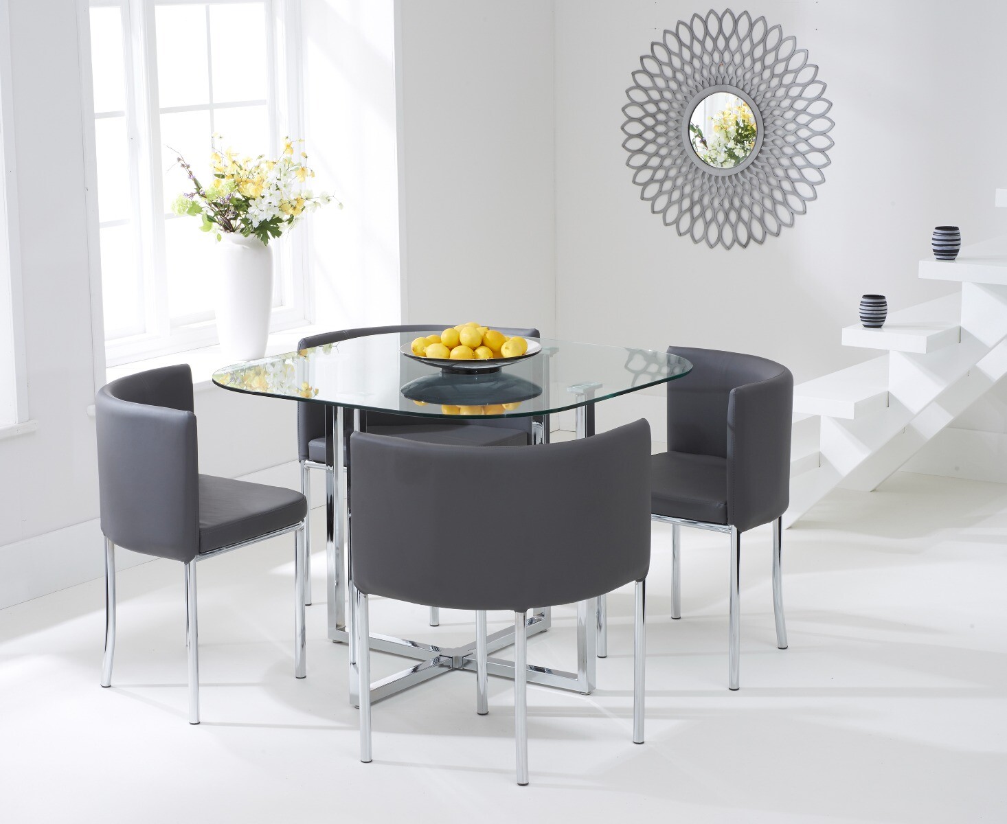 Product photograph of Algarve Clear Glass Dining Table With 4 Grey High Back Stools from Oak Furniture Superstore